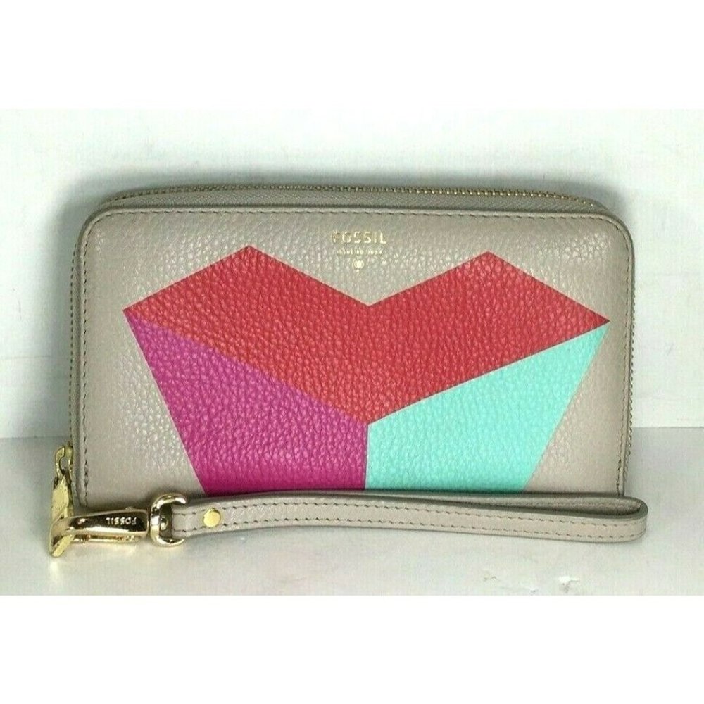 Fossil Gray Leather Multicolor Abstract Clutch Wristlet Wallet
